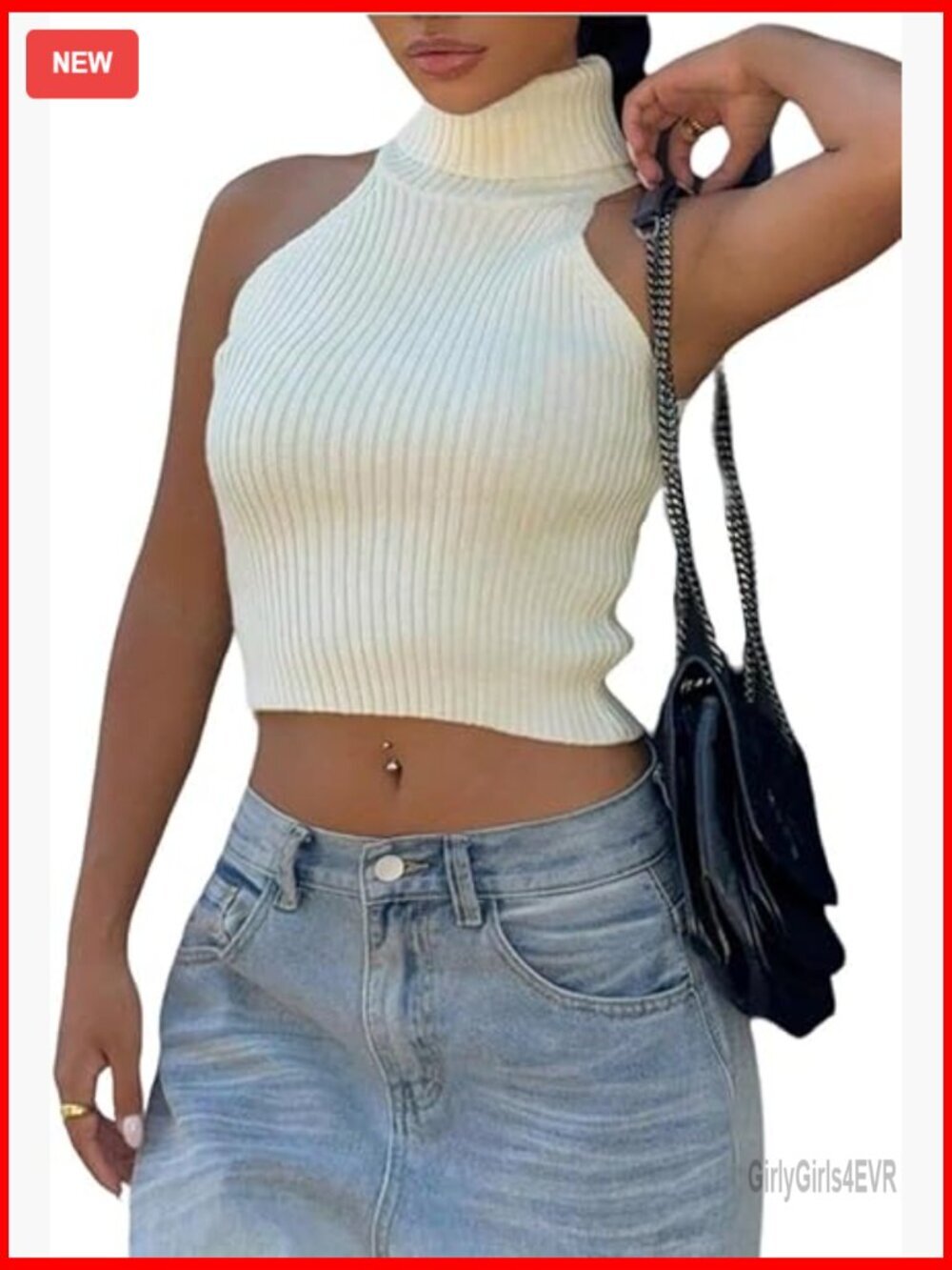 Sleeveless Turtleneck Crop Top Ribbed Knit Tank